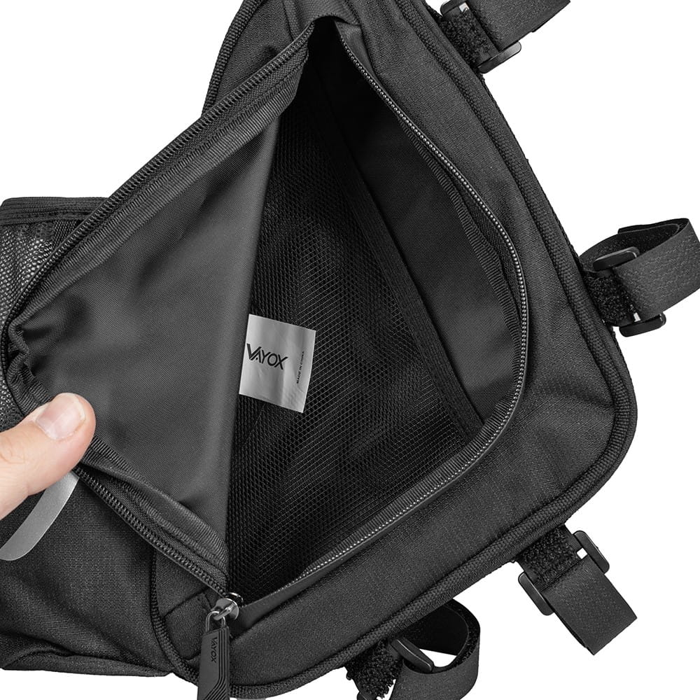 Open view of Vayox VA0348 black bike frame bag with bottle holder, showcasing the spacious interior and durable design.