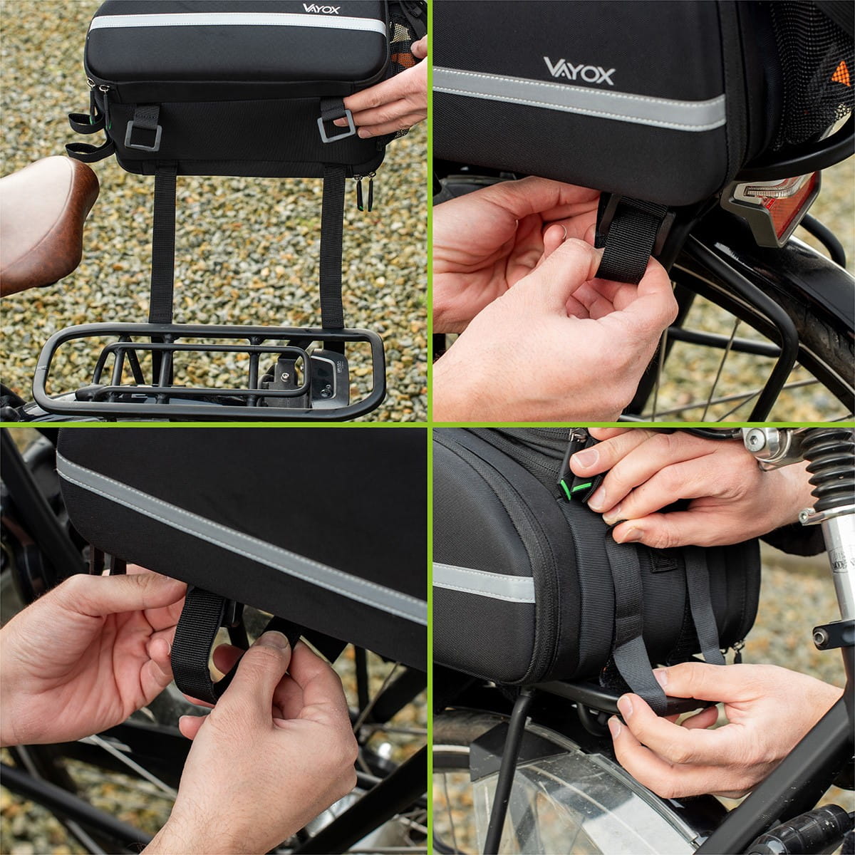 Installation of Vayox VA0346 bicycle pannier on a bike rack showing attachment straps and robust design.