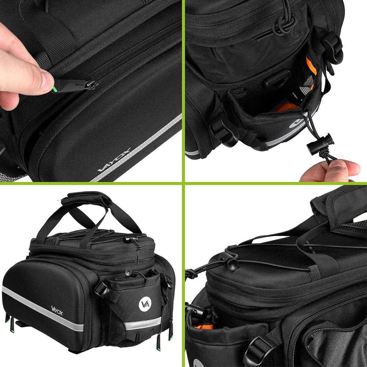 Close-up and side views of black Vayox VA0346 35L bike pannier, showcasing versatile straps and spacious compartments.