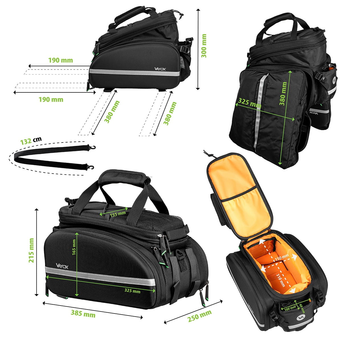 Vayox VA0346 35L black bike pannier bag with dimensions and interior view