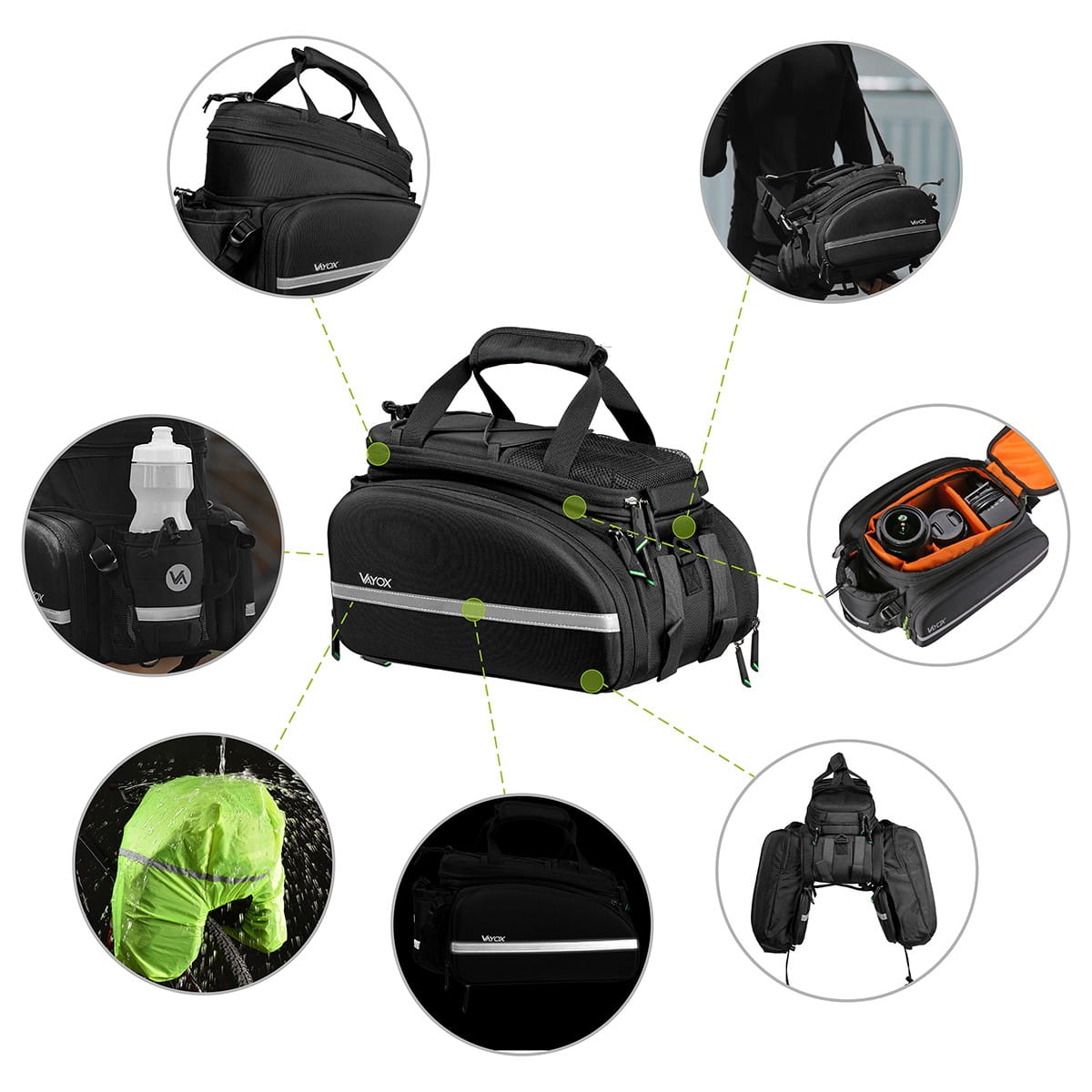 Fahrradtasche Vayox VA0346 35L schwarz, multifunktional für Gepäckträger, mit modernen Designelementen und großzügigem Stauraum.