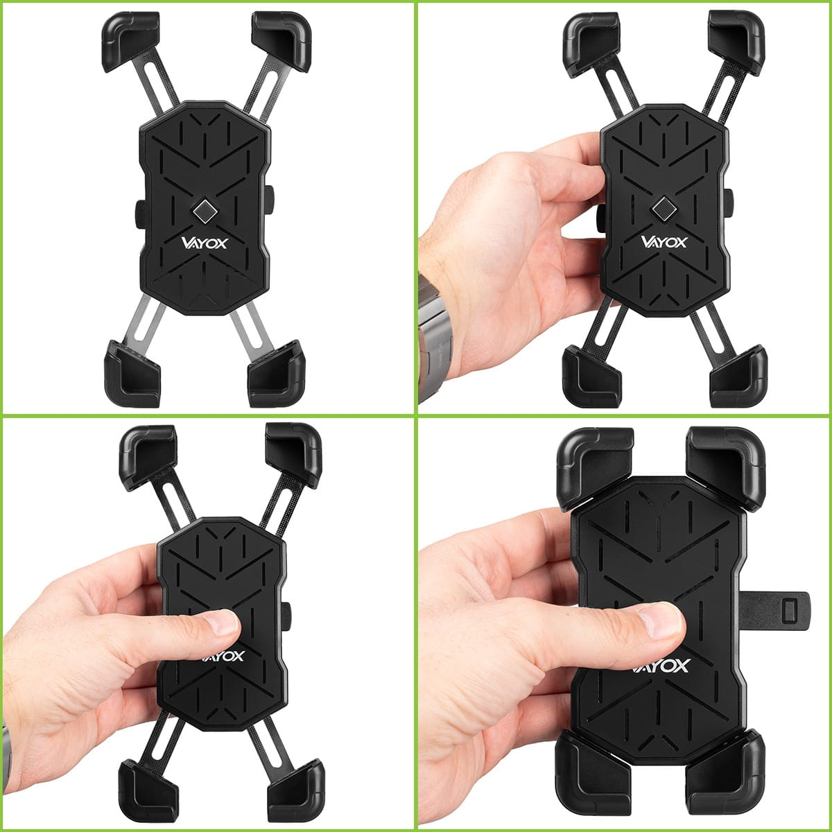 Vayox VA0344 black bike and motorcycle phone holder for handlebars, shown with hand for size reference, fits 4.5"-7.2" smartphones.