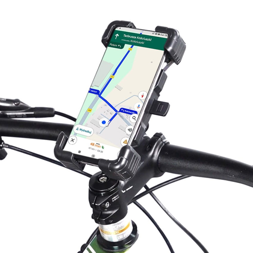 Vayox VA0344 bike and motorcycle phone mount with smartphone, black, fits 4.5"-7.2" screens, on bike handlebar.