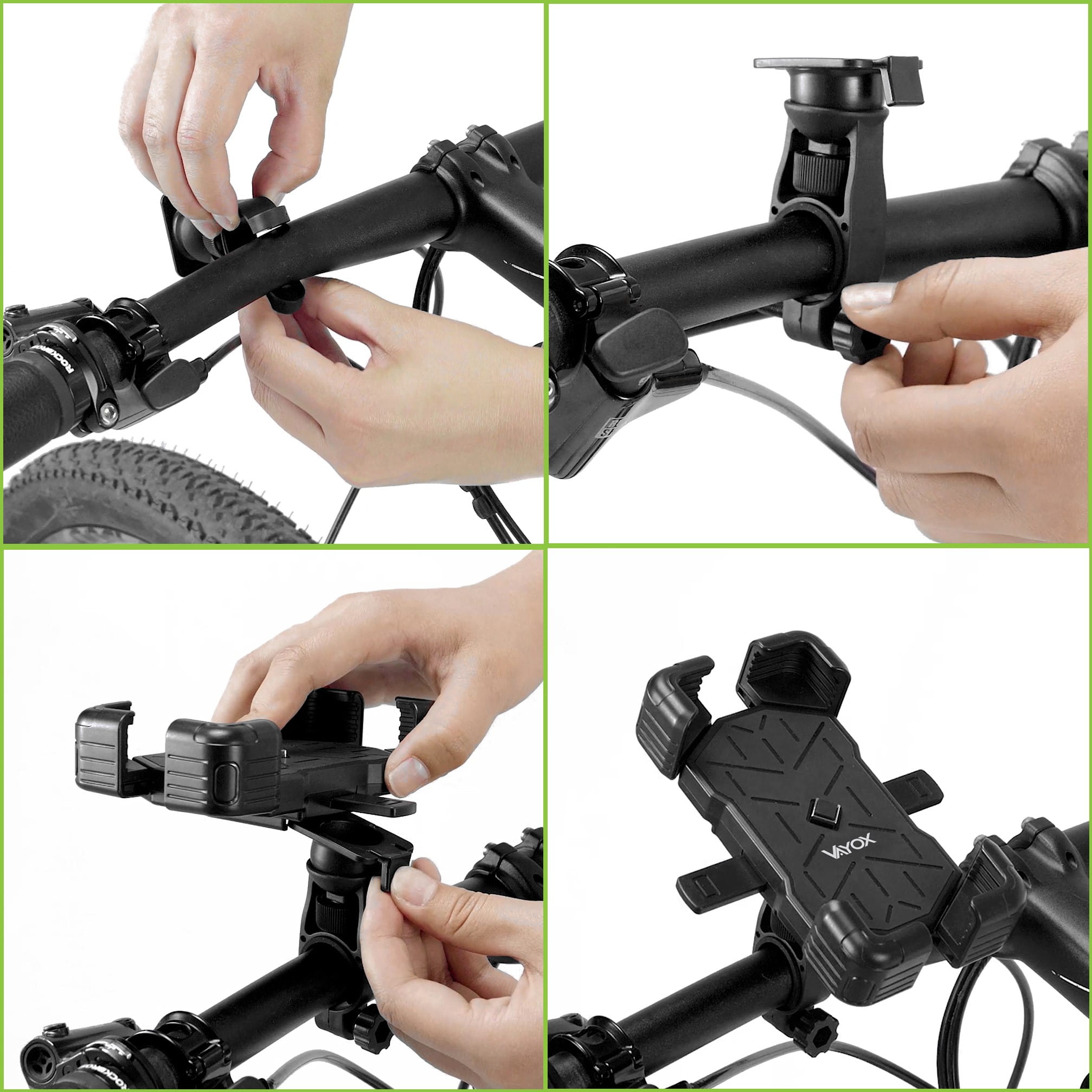 Vayox VA0344 black phone holder being mounted on bicycle handlebars, compatible with smartphone screens from 4.5 to 7.2 inches.