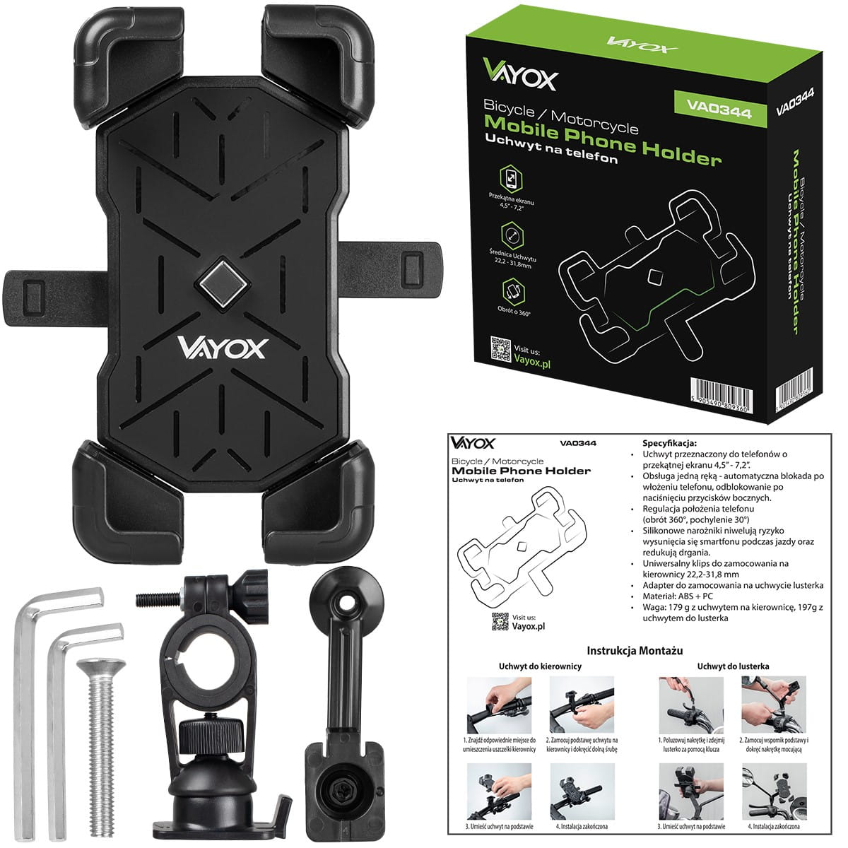 Vayox VA0344 black phone holder for bicycles and motorcycles with packaging and installation tools, fits 4.5"-7.2" phones.