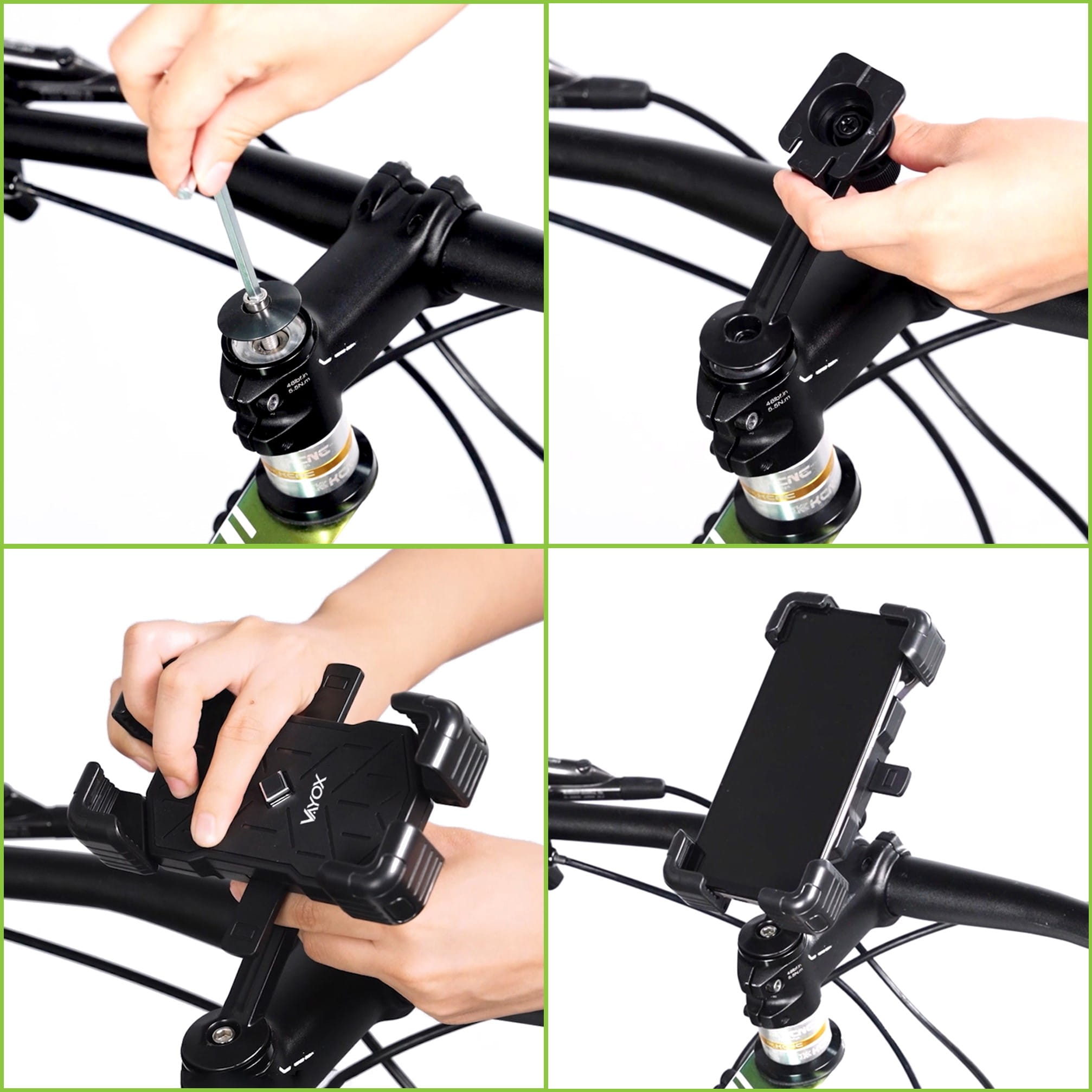 Installation of Vayox VA0344 bike/motorcycle phone mount on handlebars, compatible with 4.5-7.2 inch smartphones, black.