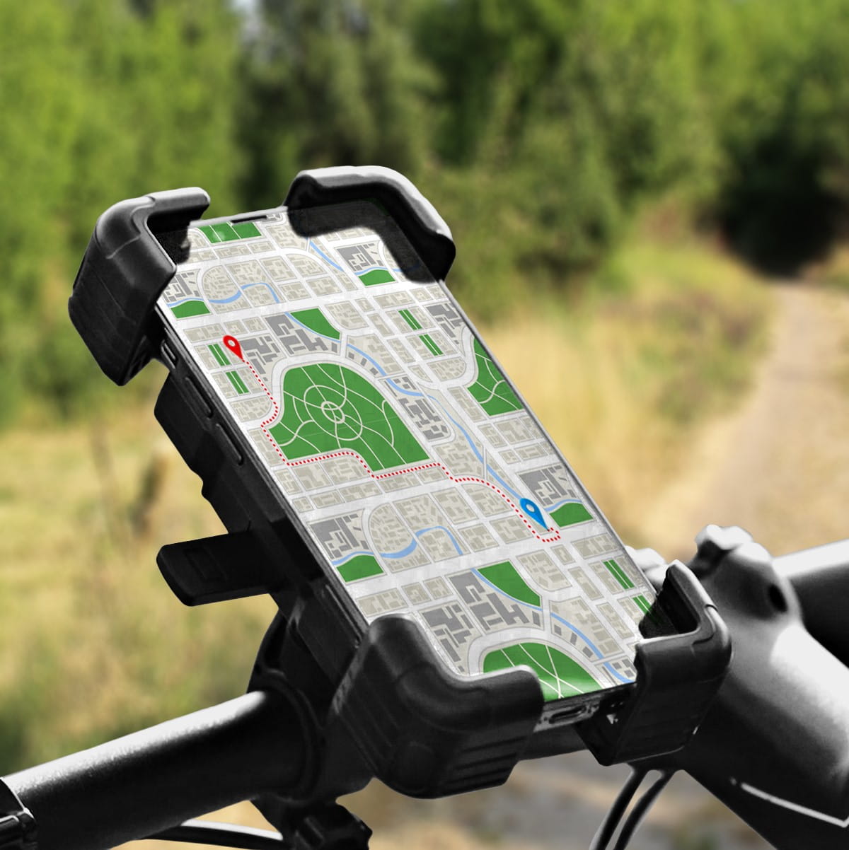 Vayox VA0344 bike motorcycle handlebar phone mount with GPS map app displayed on smartphone, black.