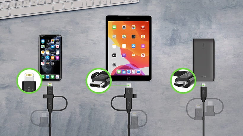 Kabel Belkin Boost Charge 3in1 MFi USB-A für Lightning / USB-C / MicroUSB 1m, Schwarz