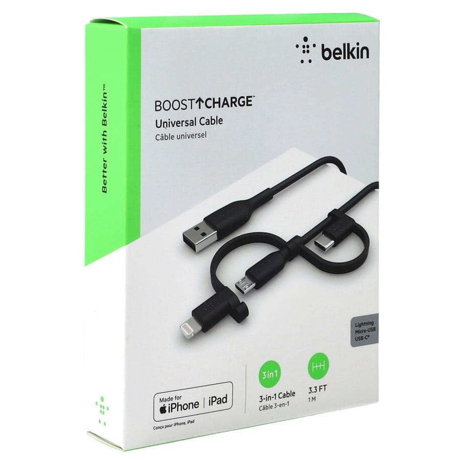 Kabel Belkin Boost Charge 3in1 MFi USB-A für Lightning / USB-C / MicroUSB 1m, Schwarz