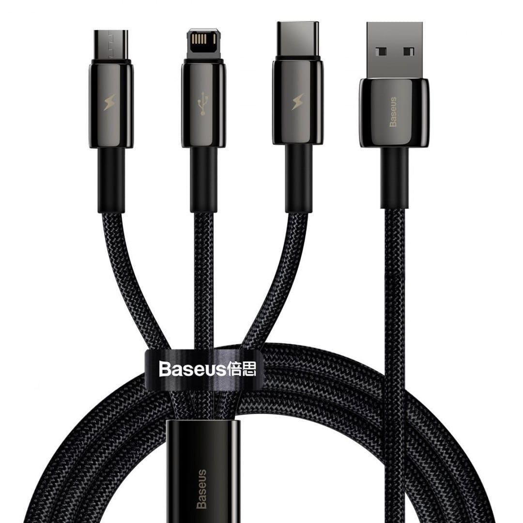 Kabel Baseus Tungsten Gold 3in1 USB-A für USB-C / Lightning / MicroUSB 3.5A 1,5m, Schwarz
