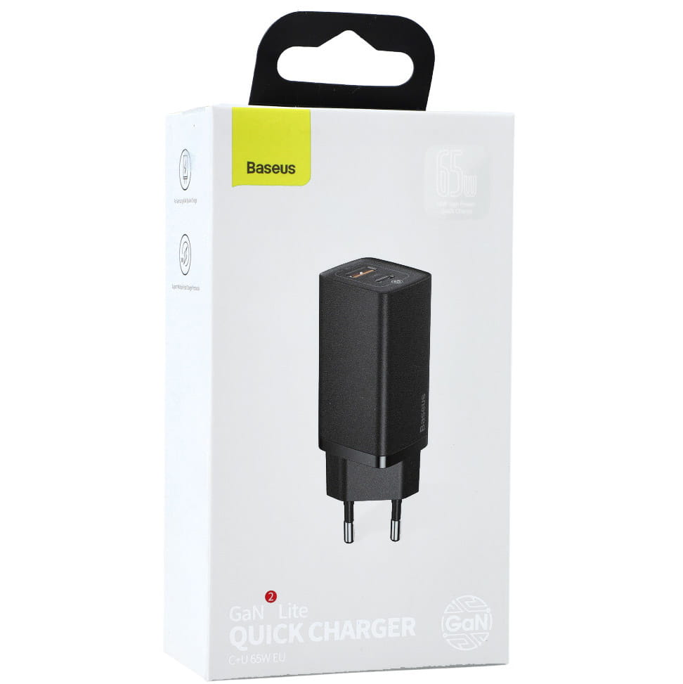 Baseus Ladegerät Gan2 Lite, 1XUSB-A, 1XUSB-C, 65W, PD 3.0, QC 4.0+, Schwarz