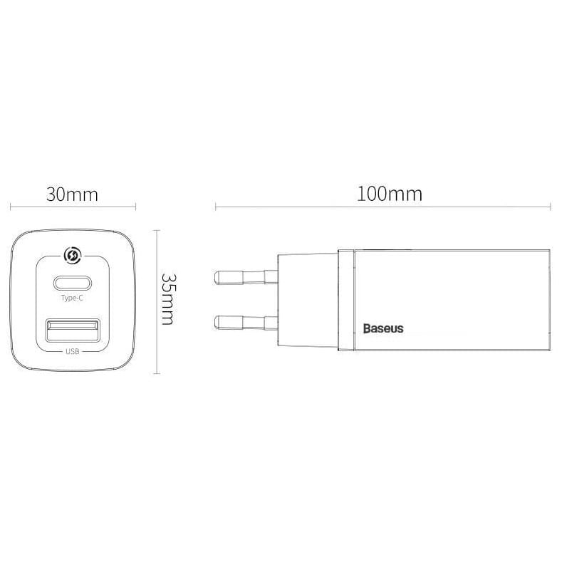 Baseus Ladegerät Gan2 Lite, 1XUSB-A, 1XUSB-C, 65W, PD 3.0, QC 4.0+, Schwarz