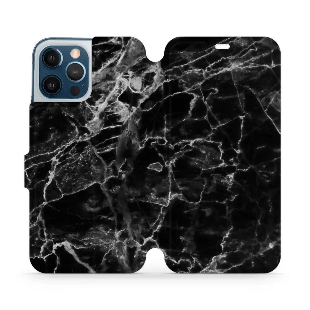 Handyhülle mit klappe für iPhone 12 Pro Max, Mobiwear Book, Schwarzer Marmor