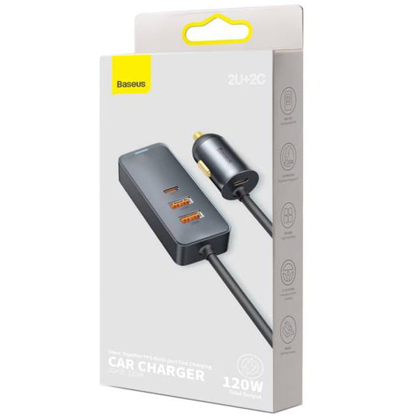 Baseus Share Together 2x USB-A, 2x USB-C, 4x 30W, QC, PD Autoladegerät mit Splitter, Grau