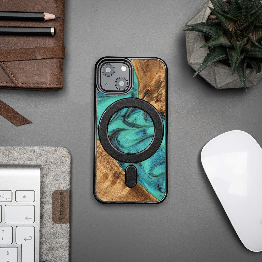 Holzhülle für iPhone 13 Mini, Bewood Unique Turquoise für MagSafe