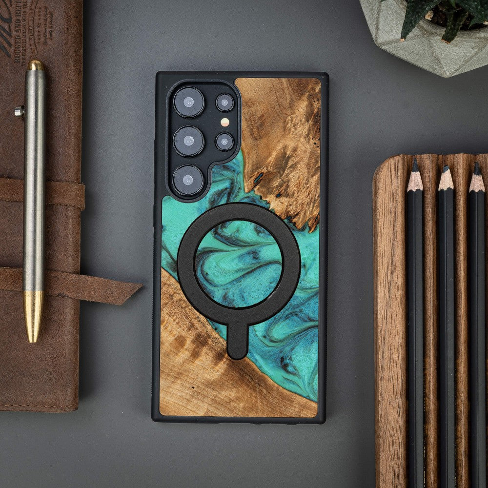 Holzhülle für Galaxy S24 Ultra, Bewood Unique Turquoise für MagSafe
