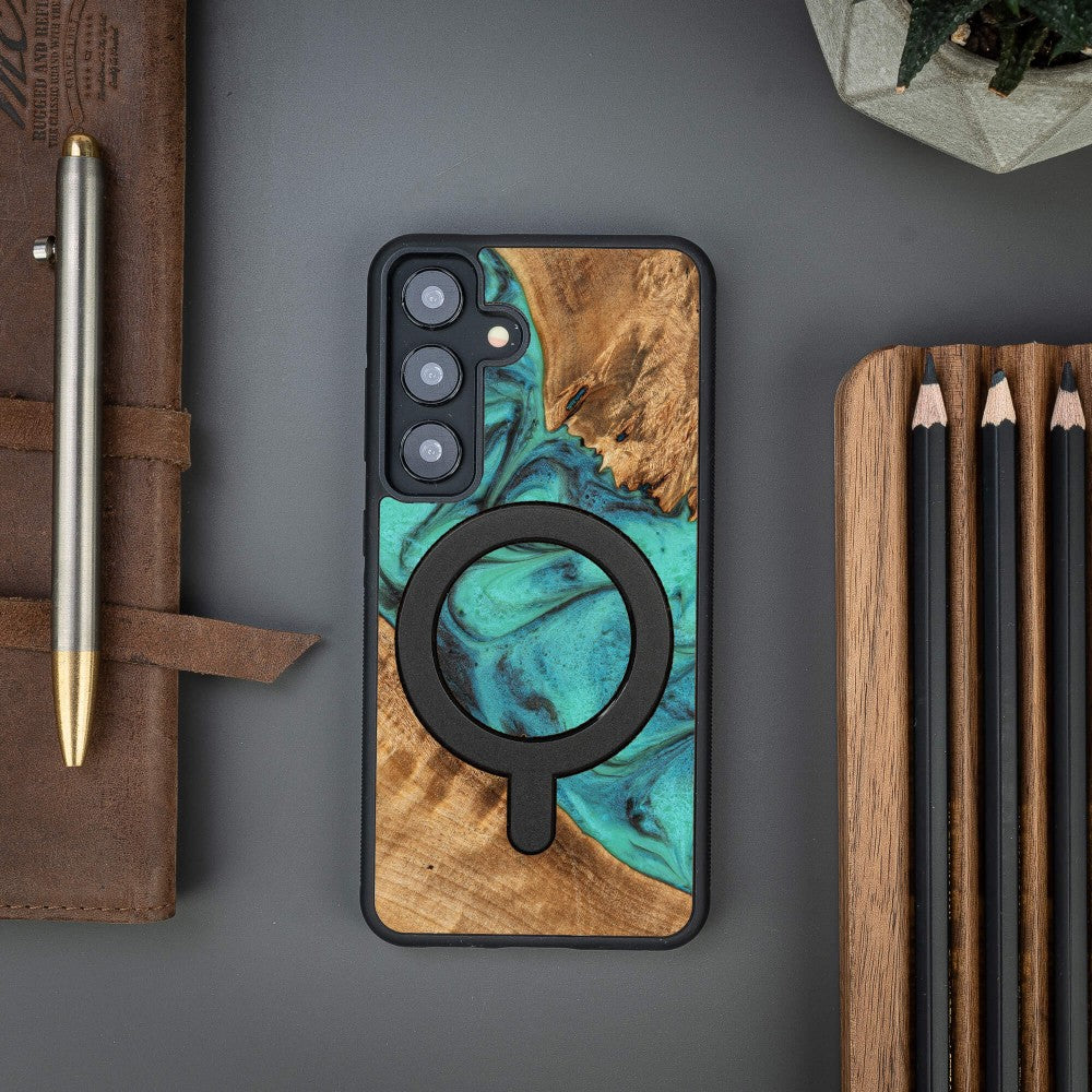 Holzhülle für Galaxy S24, Bewood Unique Turquoise für MagSafe