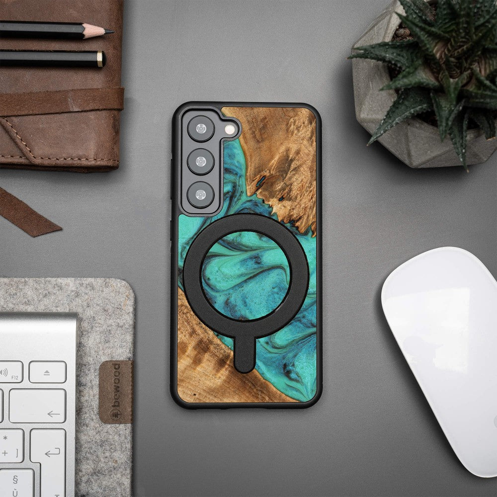Holzhülle für Galaxy S23, Bewood Unique Turquoise für MagSafe