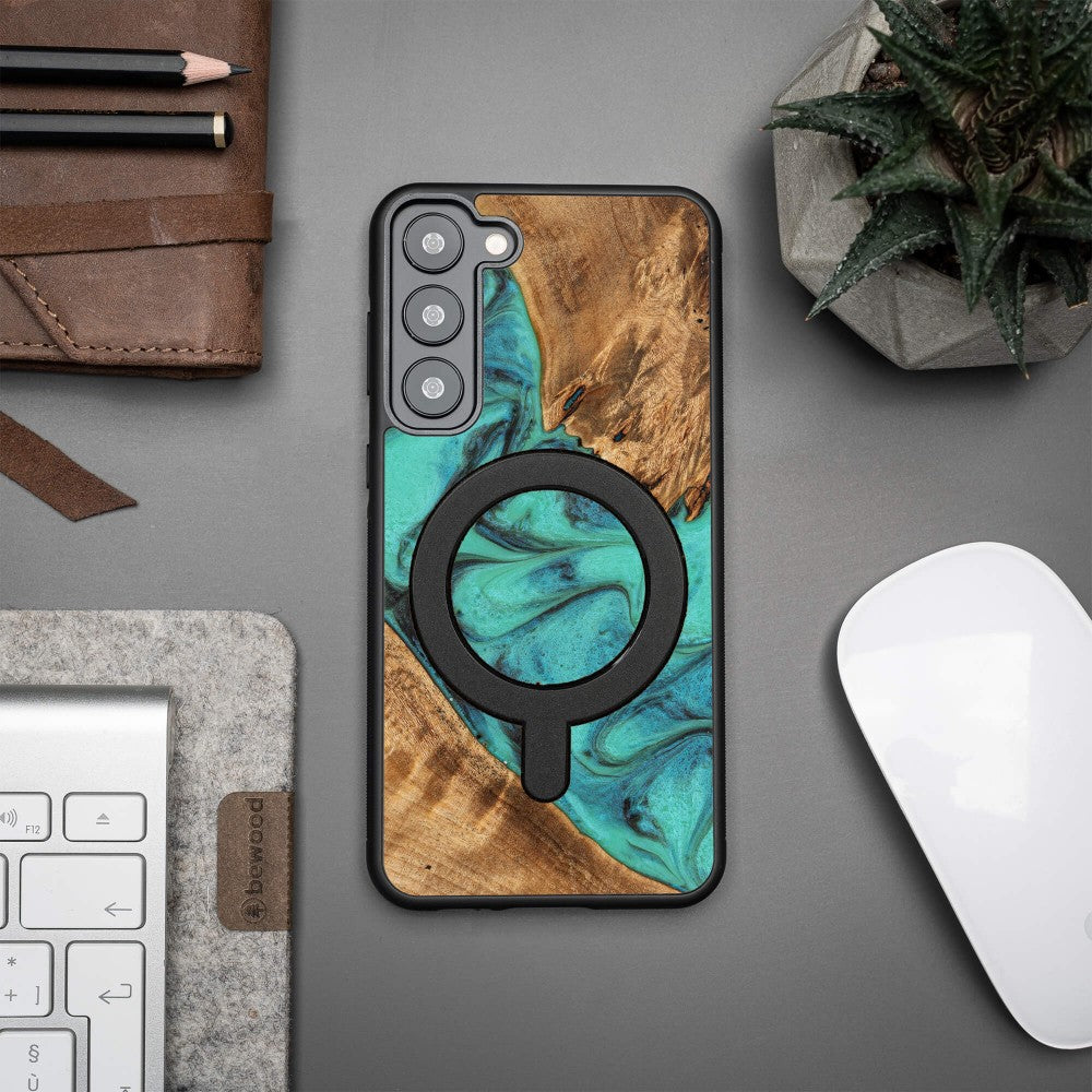 Holzhülle für Galaxy S23 Plus, Bewood Unique Turquoise für MagSafe