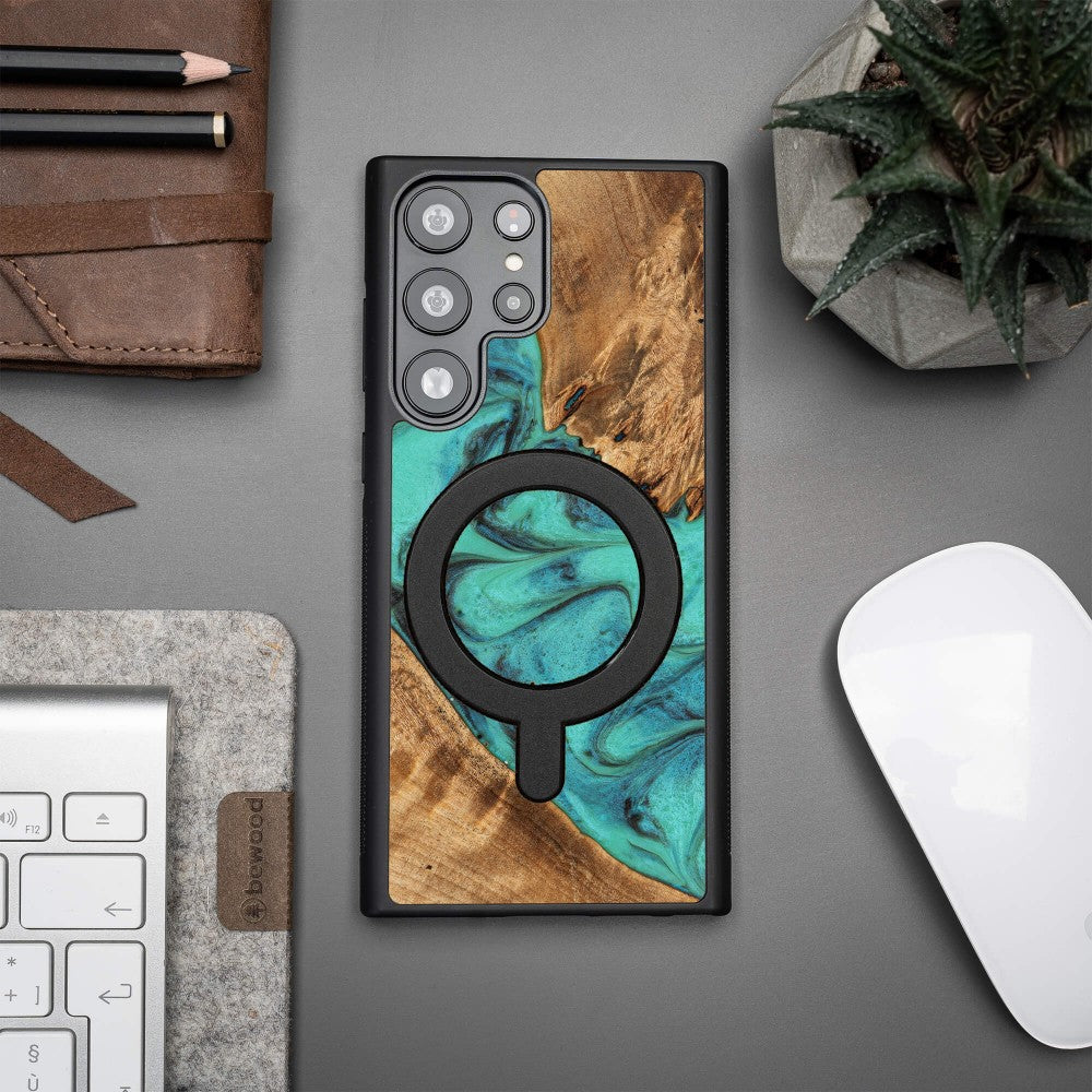 Holzhülle für Galaxy S23 Ultra, Bewood Unique Turquoise für MagSafe