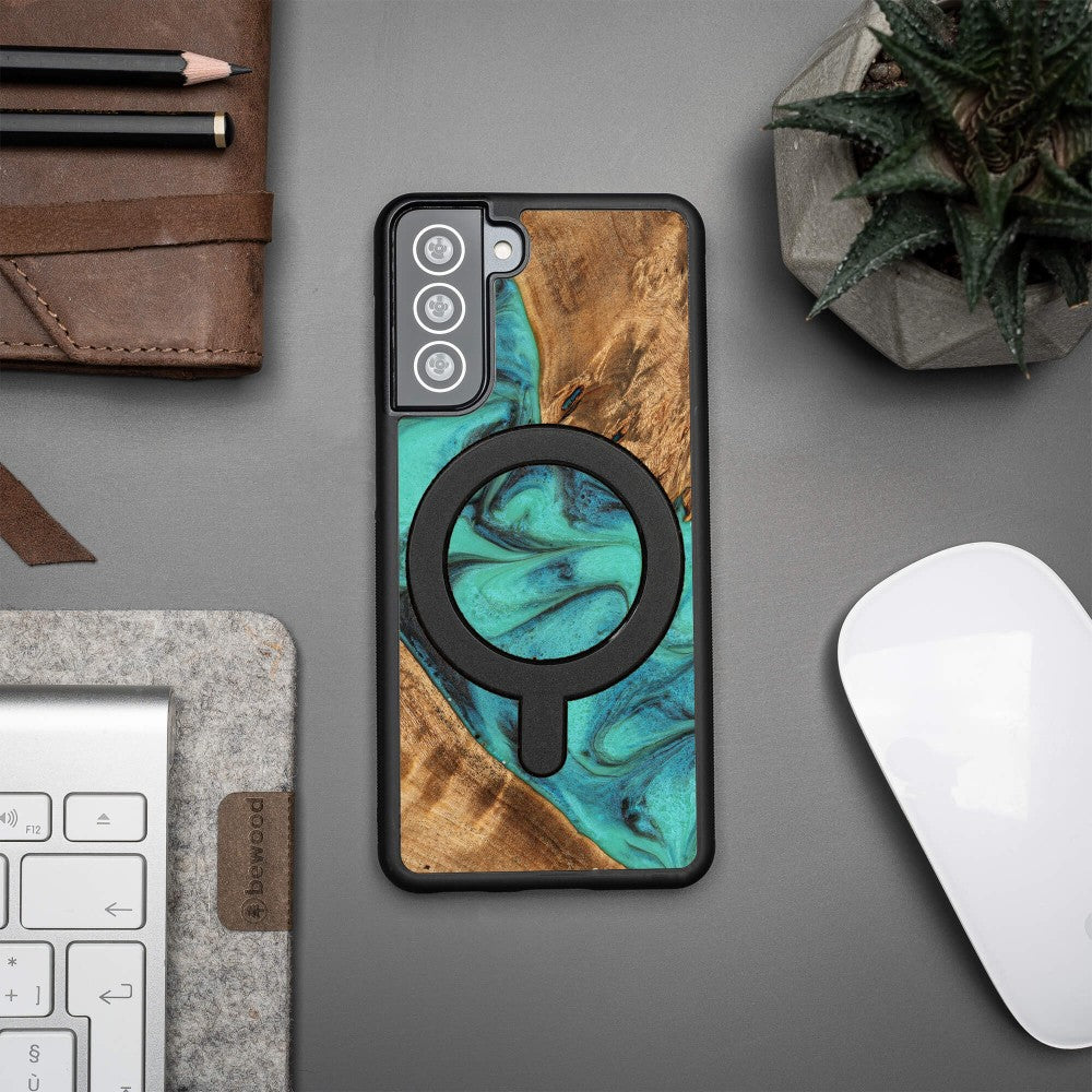 Holzhülle für Galaxy S21 FE, Bewood Unique Turquoise für MagSafe