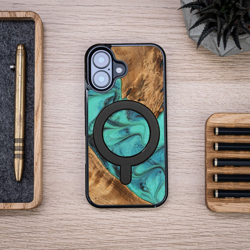 Holzhülle für iPhone 16, Bewood Unique Turquoise für MagSafe