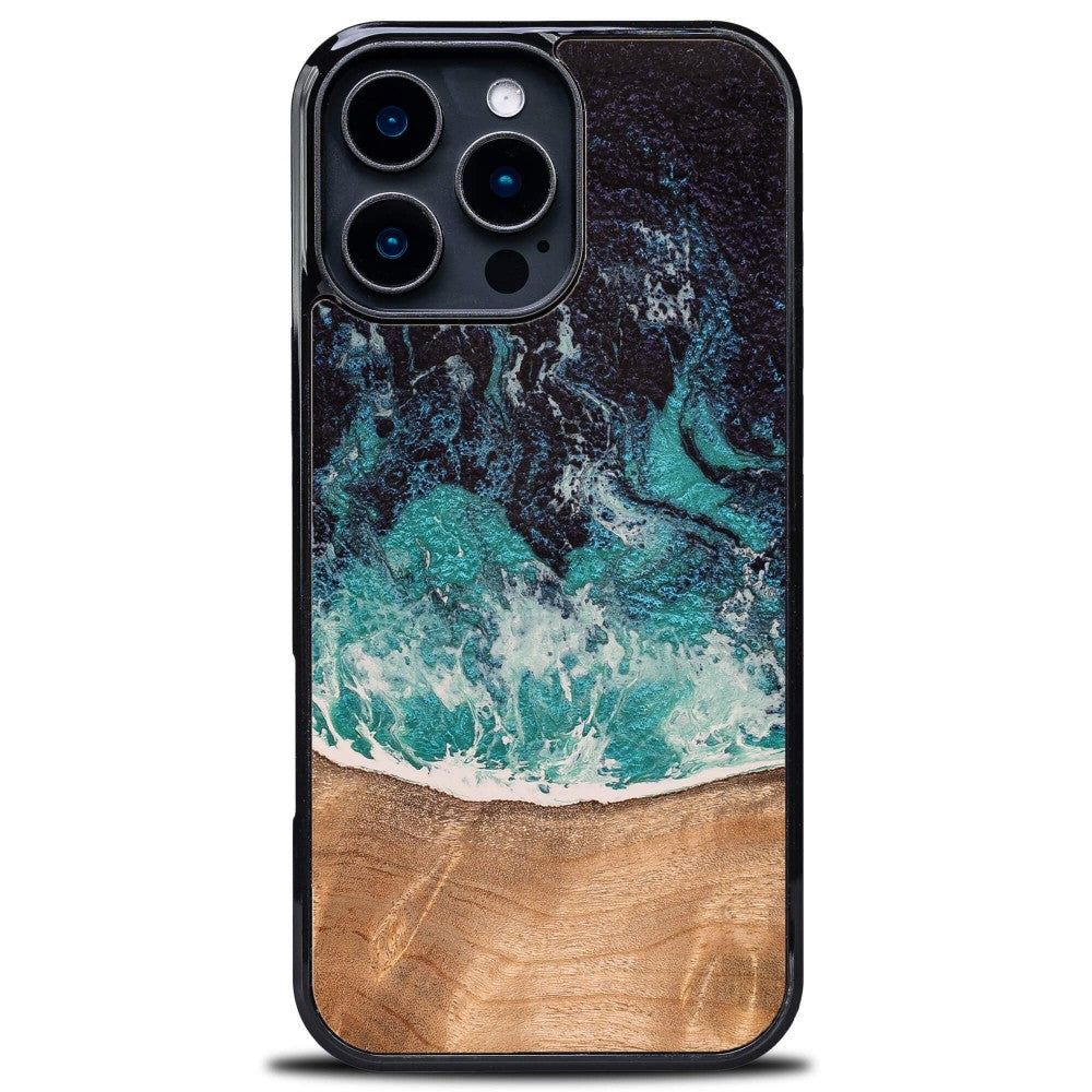 Holzhülle für iPhone 16 Pro Max, Bewood Unique Dream Island, Blau-Braun