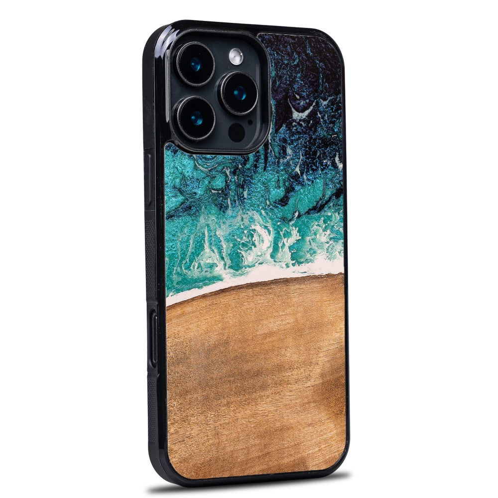 Holzhülle für iPhone 16 Pro Max, Bewood Unique Dream Island, Blau-Braun