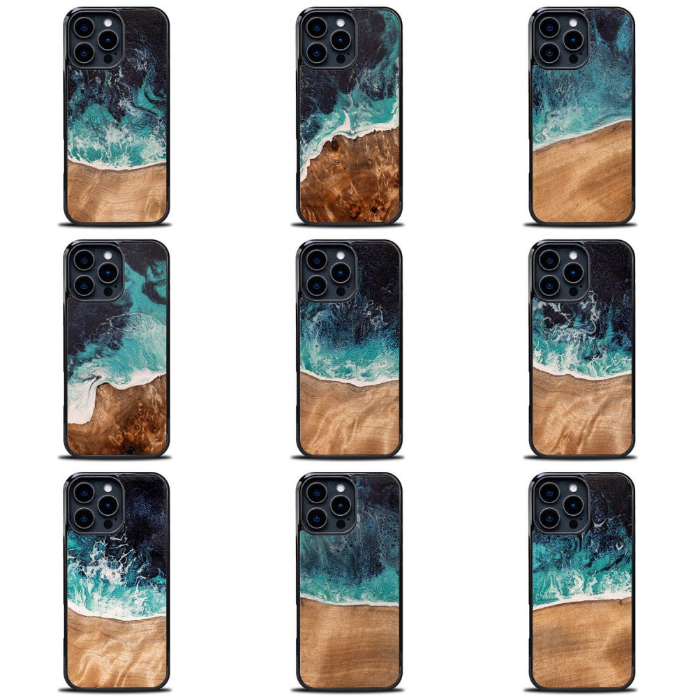 Holzhülle für iPhone 16 Pro Max, Bewood Unique Dream Island, Blau-Braun