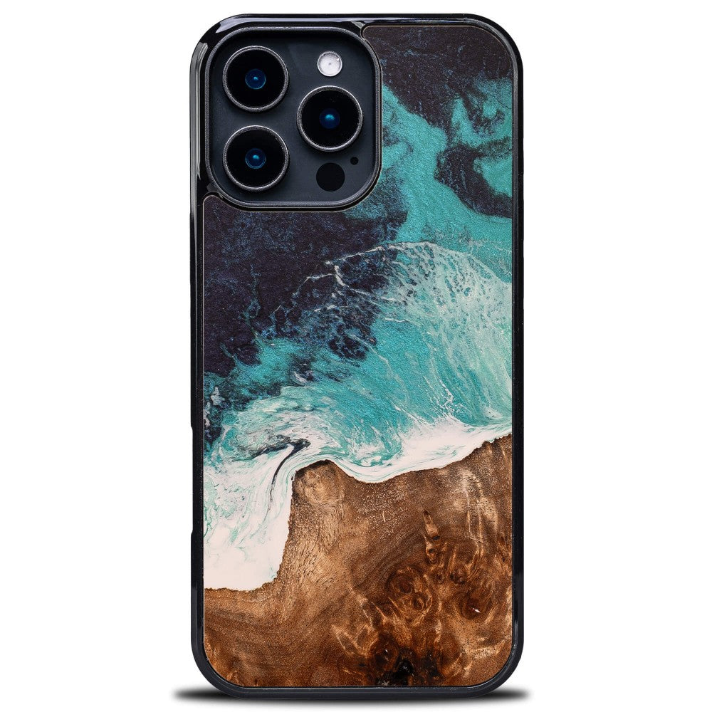 Holzhülle für iPhone 16 Pro Max, Bewood Unique Dream Island, Blau-Braun