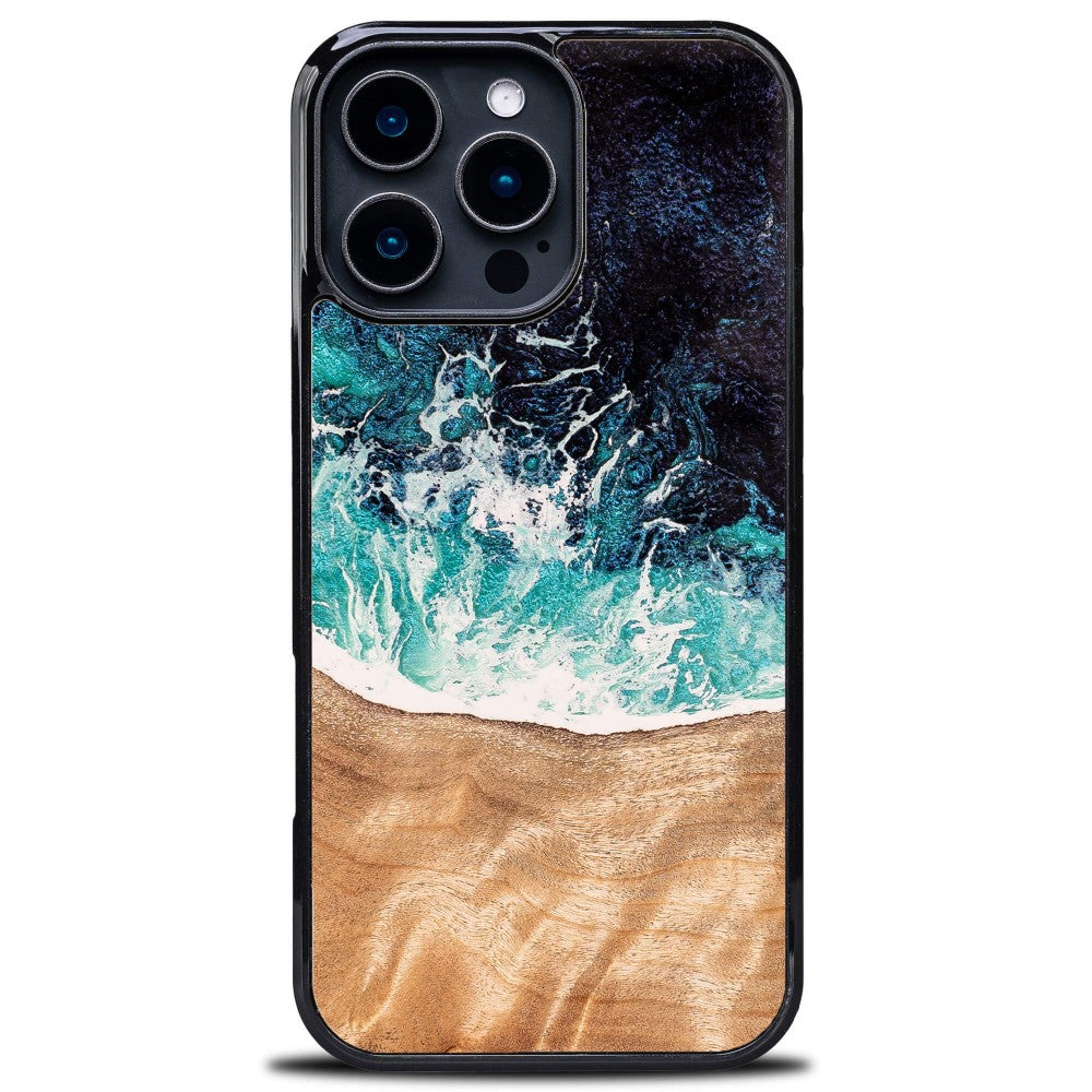Holzhülle für iPhone 16 Pro Max, Bewood Unique Dream Island, Blau-Braun