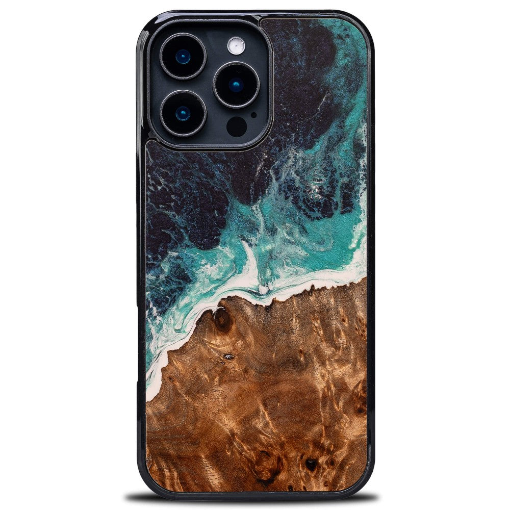 Holzhülle für iPhone 16 Pro Max, Bewood Unique Dream Island, Blau-Braun