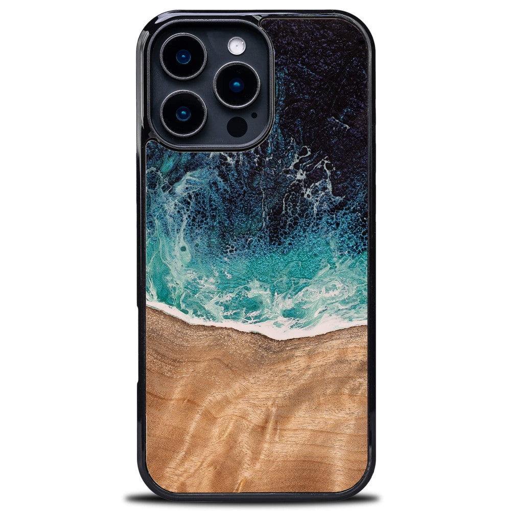 Holzhülle für iPhone 16 Pro Max, Bewood Unique Dream Island, Blau-Braun