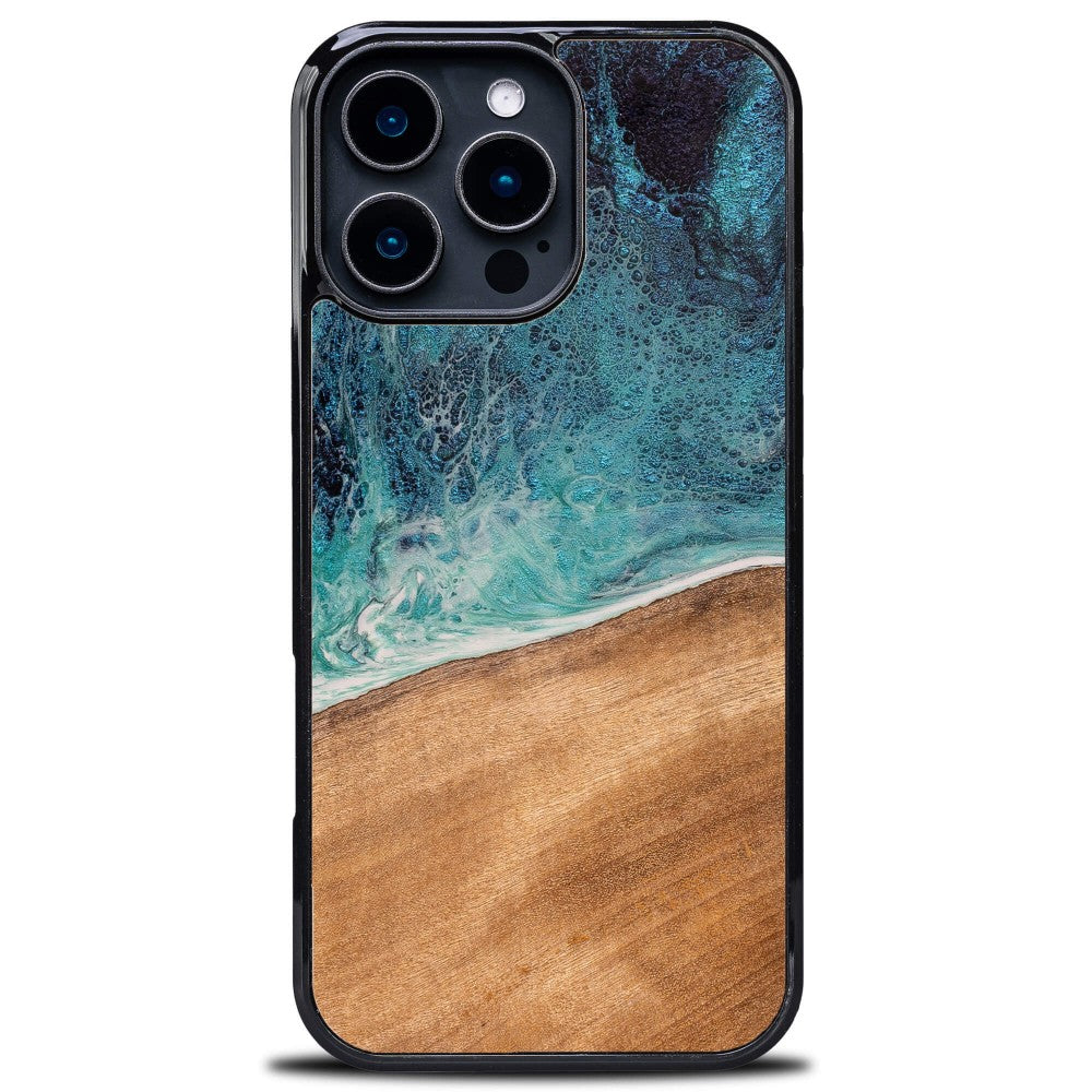 Holzhülle für iPhone 16 Pro Max, Bewood Unique Dream Island, Blau-Braun