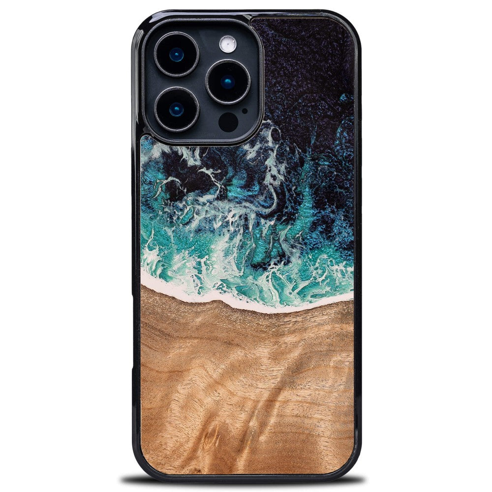 Holzhülle für iPhone 16 Pro Max, Bewood Unique Dream Island, Blau-Braun