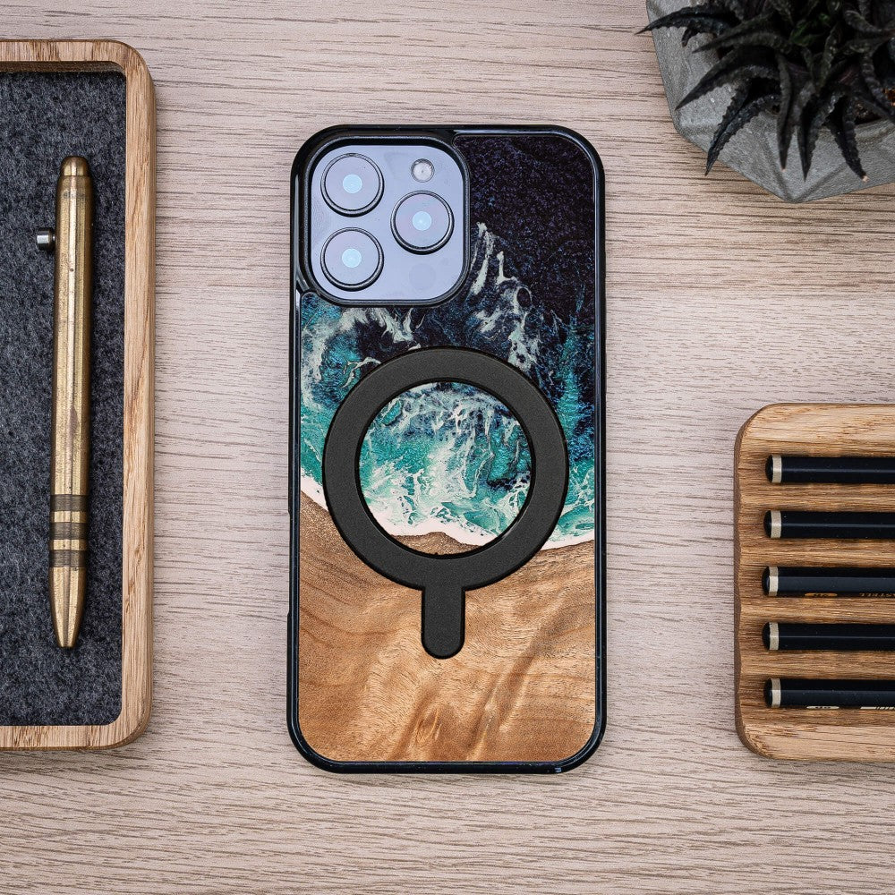 Holzhülle für iPhone 16 Pro Max, Bewood Unique Dream Island für MagSafe, Blau-Braun
