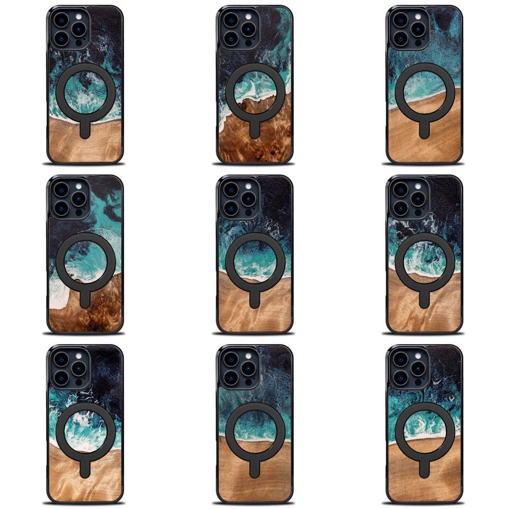 Holzhülle für iPhone 16 Pro Max, Bewood Unique Dream Island für MagSafe, Blau-Braun