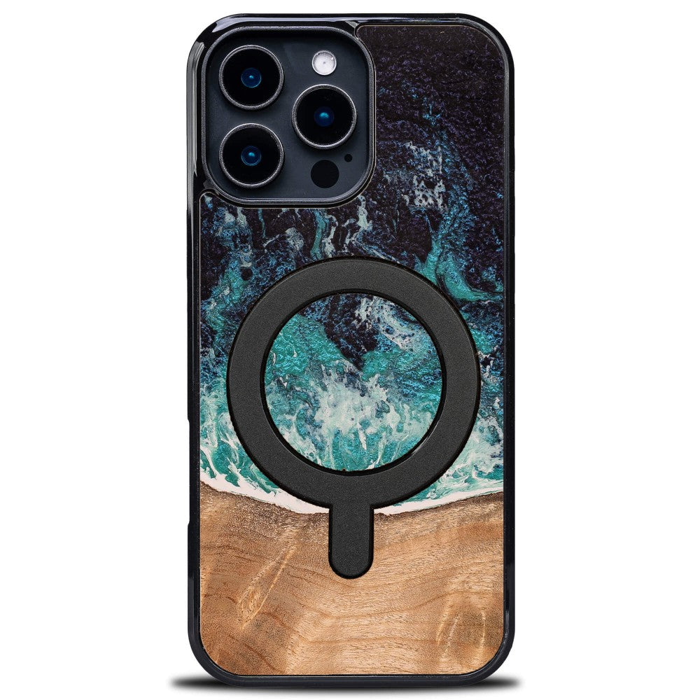 Holzhülle für iPhone 16 Pro Max, Bewood Unique Dream Island für MagSafe, Blau-Braun
