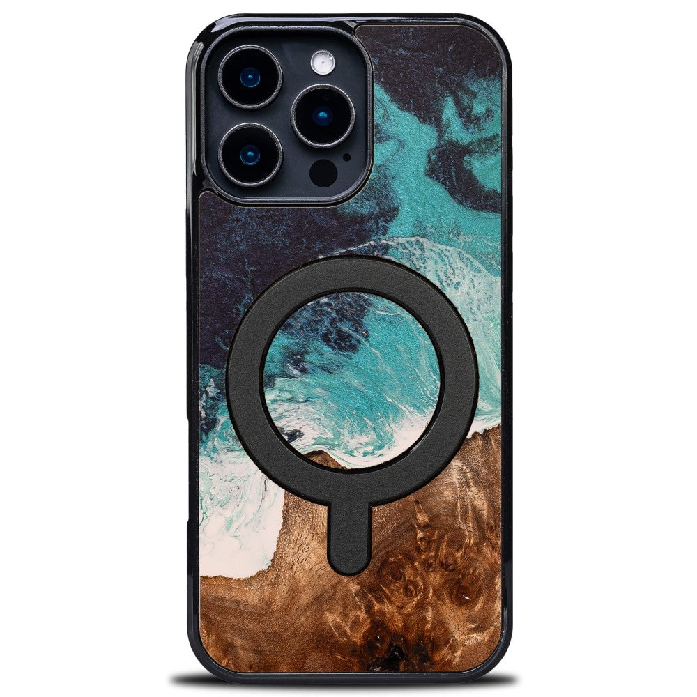 Holzhülle für iPhone 16 Pro Max, Bewood Unique Dream Island für MagSafe, Blau-Braun