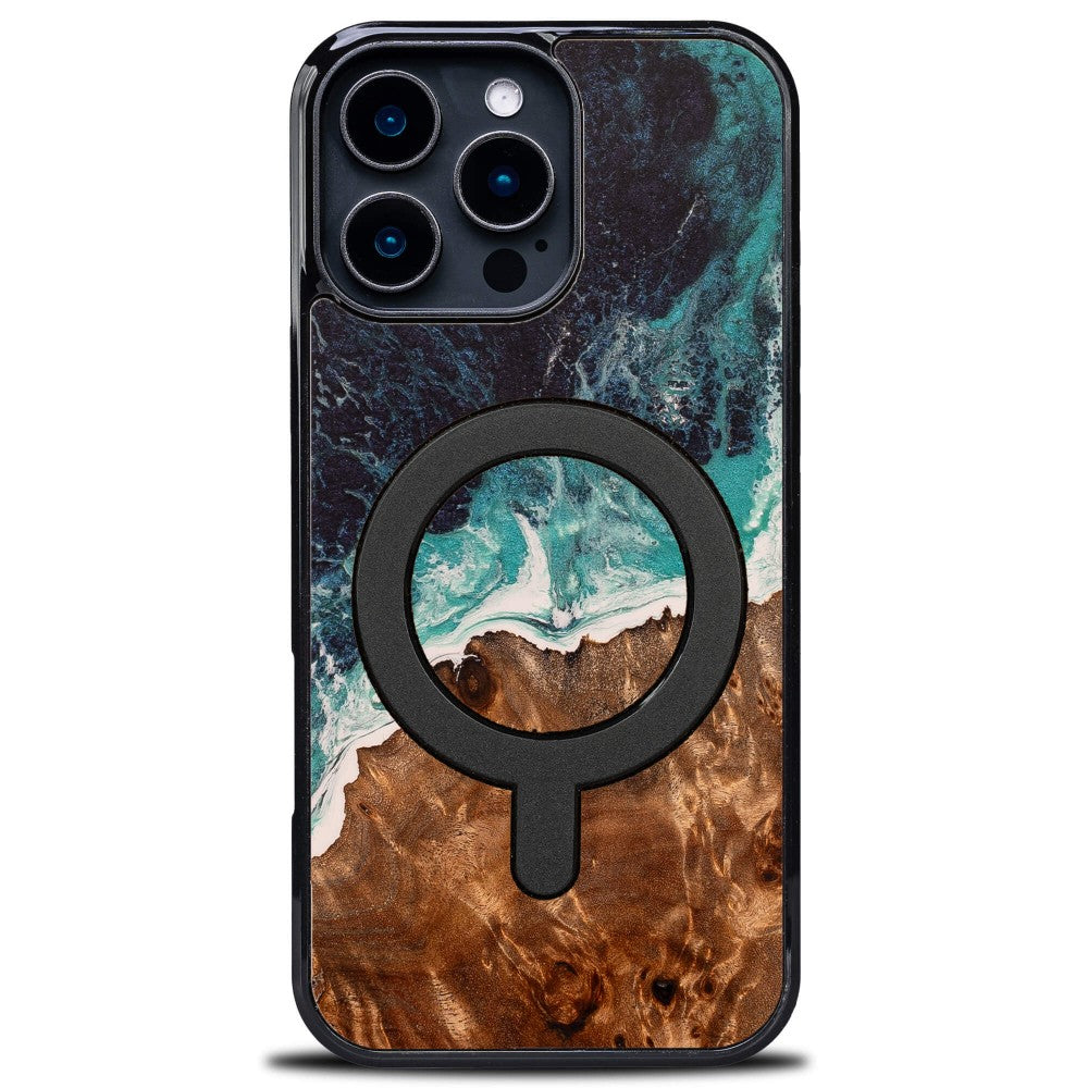 Holzhülle für iPhone 16 Pro Max, Bewood Unique Dream Island für MagSafe, Blau-Braun
