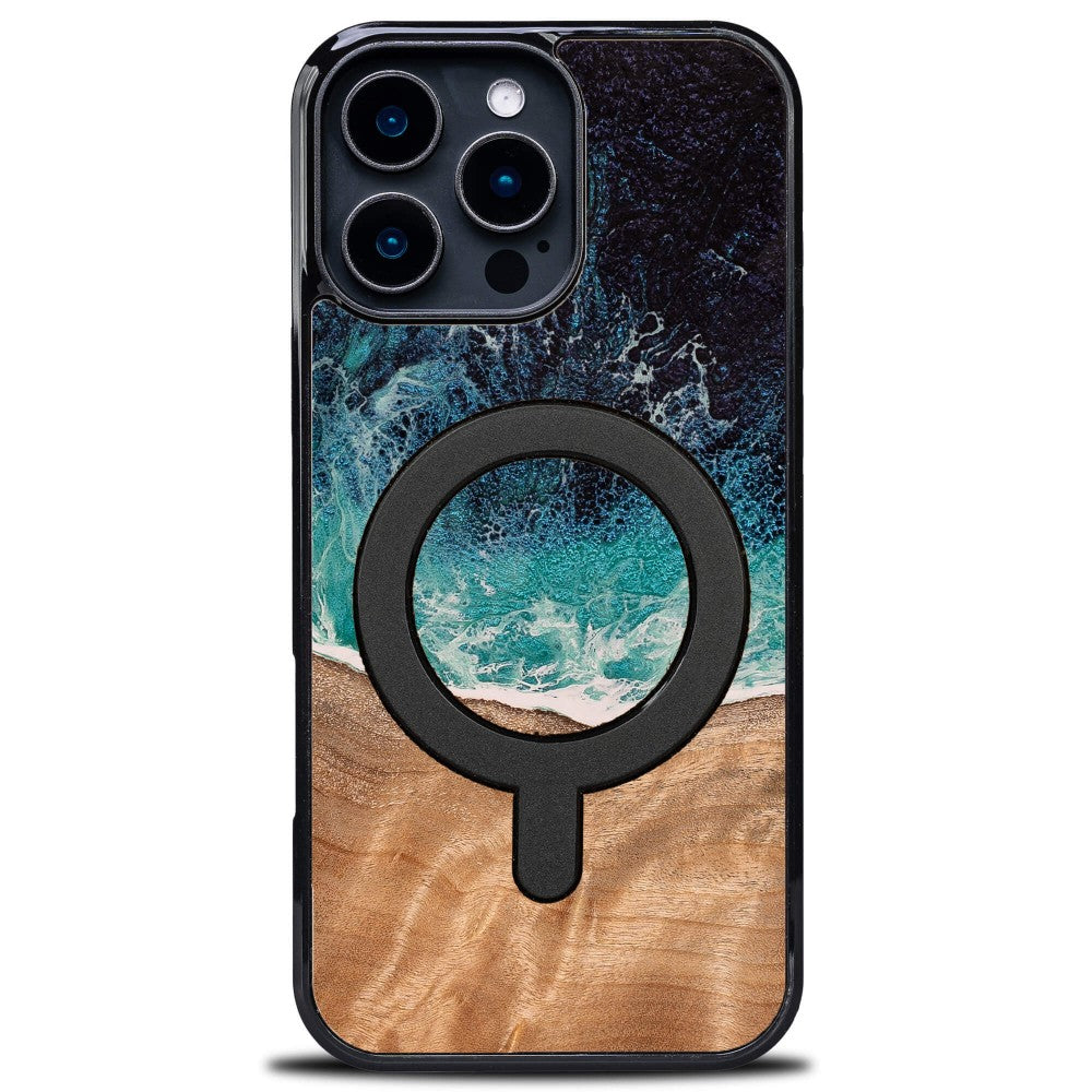 Holzhülle für iPhone 16 Pro Max, Bewood Unique Dream Island für MagSafe, Blau-Braun