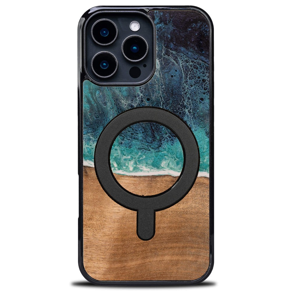 Holzhülle für iPhone 16 Pro Max, Bewood Unique Dream Island für MagSafe, Blau-Braun