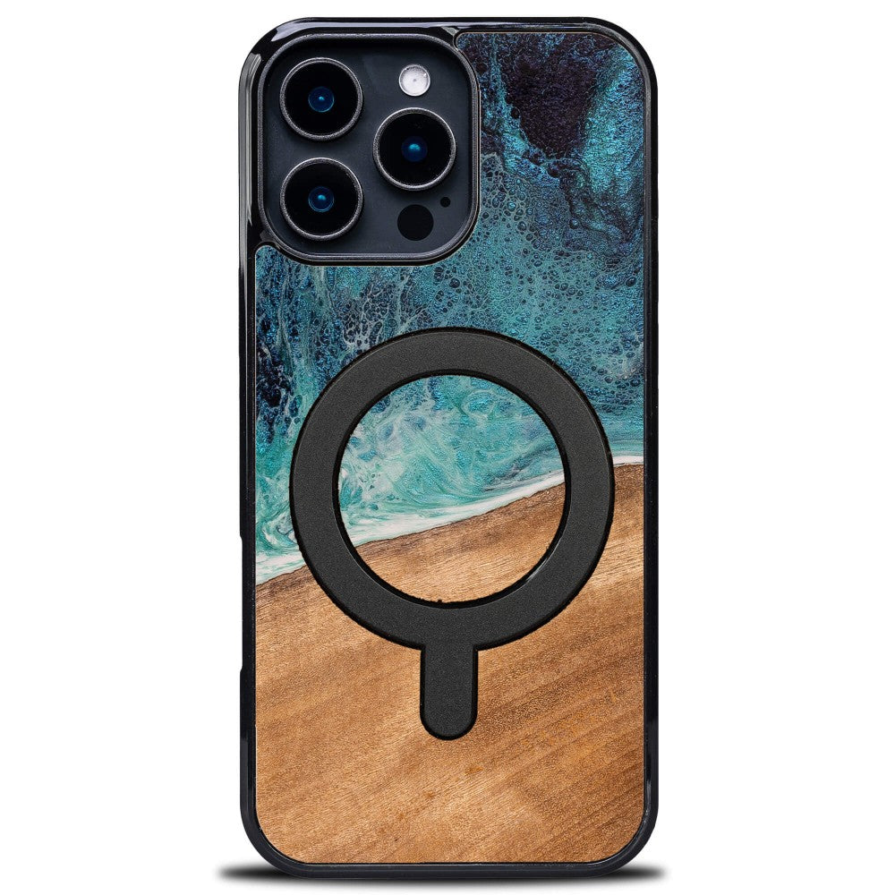 Holzhülle für iPhone 16 Pro Max, Bewood Unique Dream Island für MagSafe, Blau-Braun