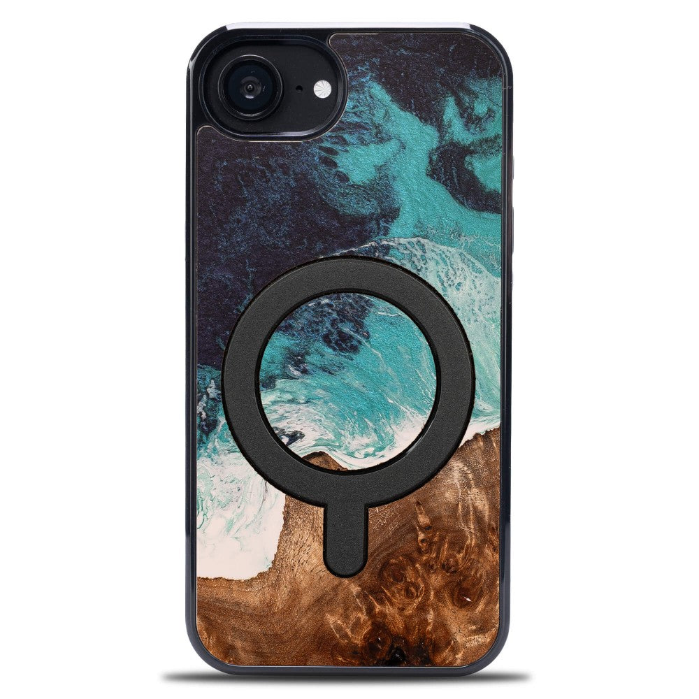 Holzhülle für iPhone 17e / 16e, Bewood Unique Dream Island für MagSafe, Blau-Braun