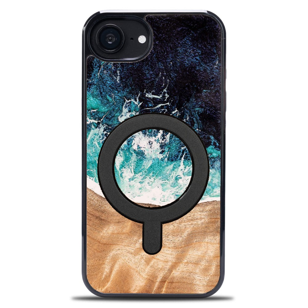 Holzhülle für iPhone 17e / 16e, Bewood Unique Dream Island für MagSafe, Blau-Braun