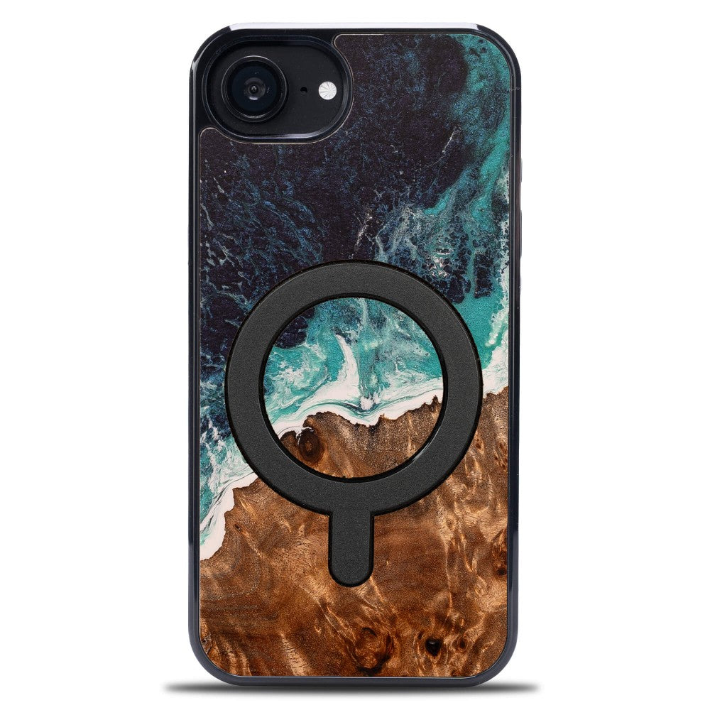 Holzhülle für iPhone 17e / 16e, Bewood Unique Dream Island für MagSafe, Blau-Braun