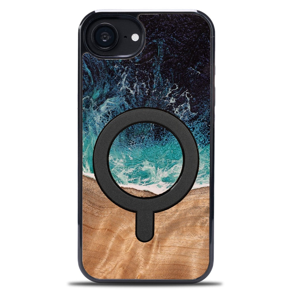 Holzhülle für iPhone 17e / 16e, Bewood Unique Dream Island für MagSafe, Blau-Braun