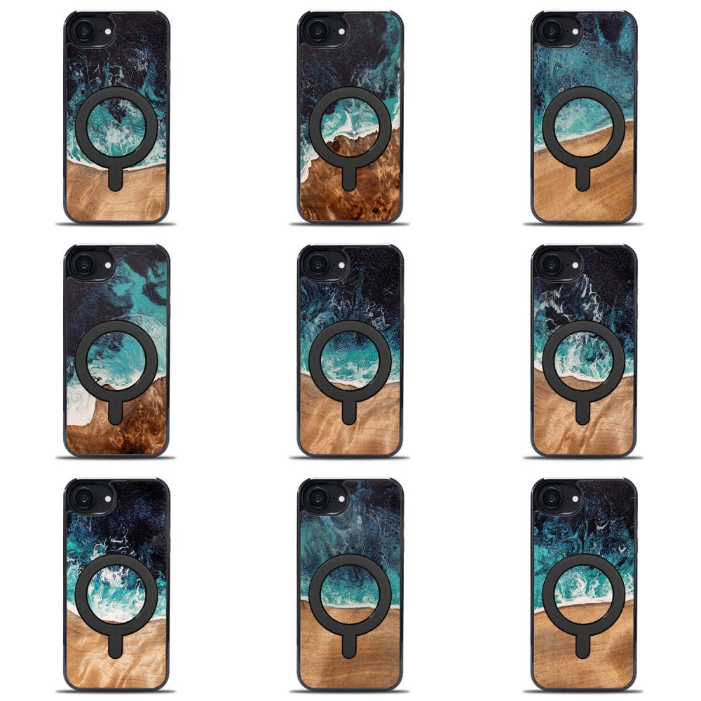 Holzhülle für iPhone 17e / 16e, Bewood Unique Dream Island für MagSafe, Blau-Braun