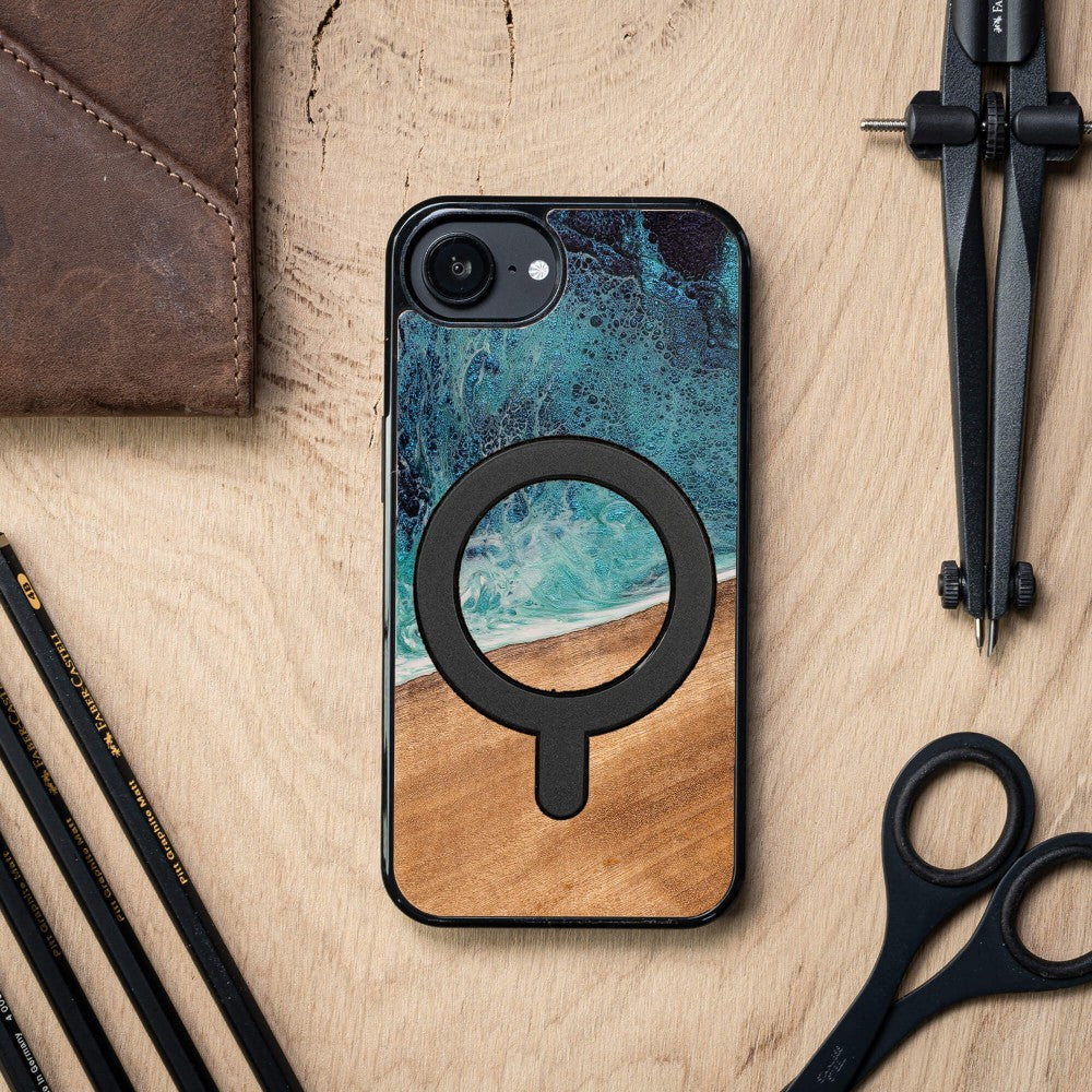 Holzhülle für iPhone 17e / 16e, Bewood Unique Dream Island für MagSafe, Blau-Braun