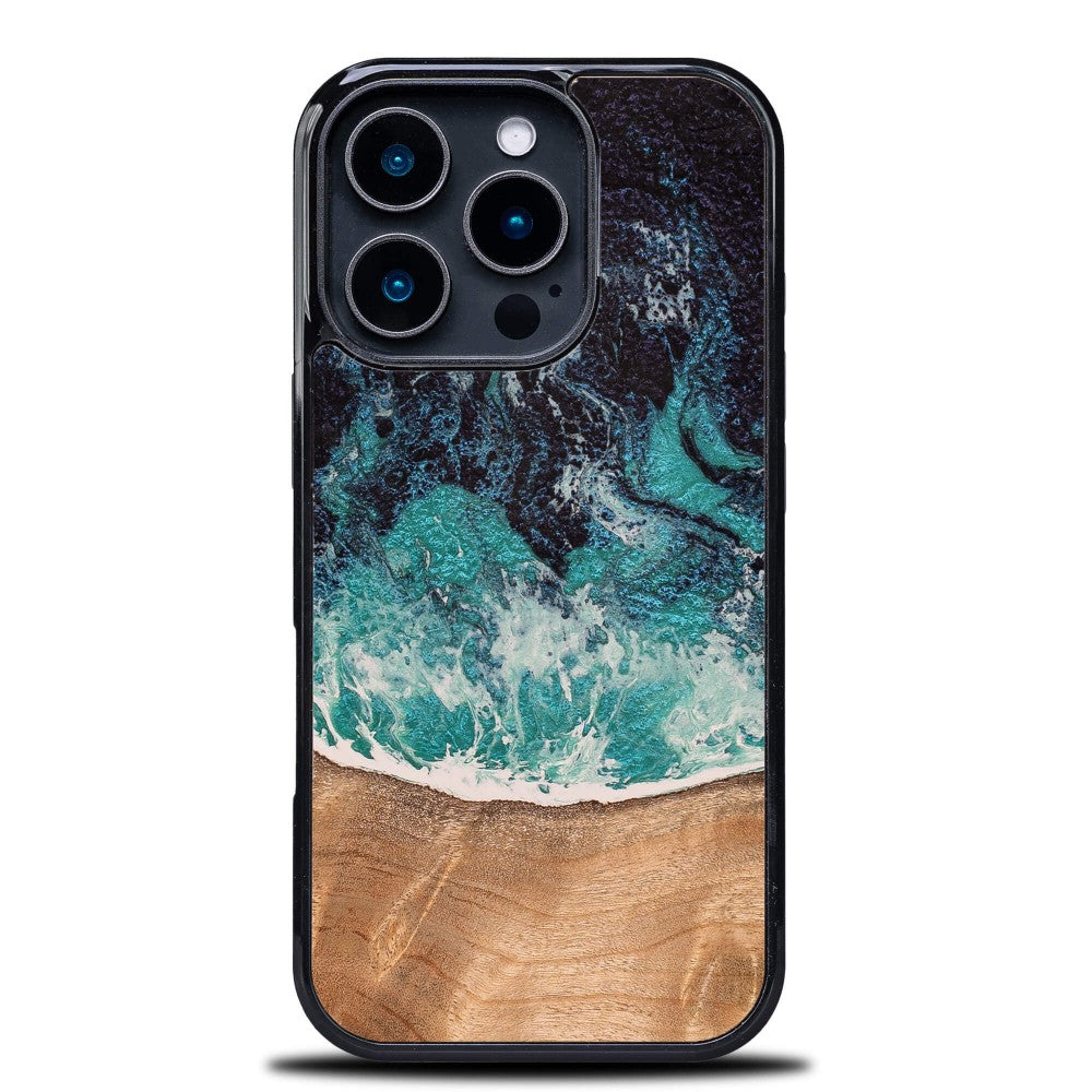 Holzhülle für iPhone 16 Pro, Bewood Unique Dream Island, Blau-Braun